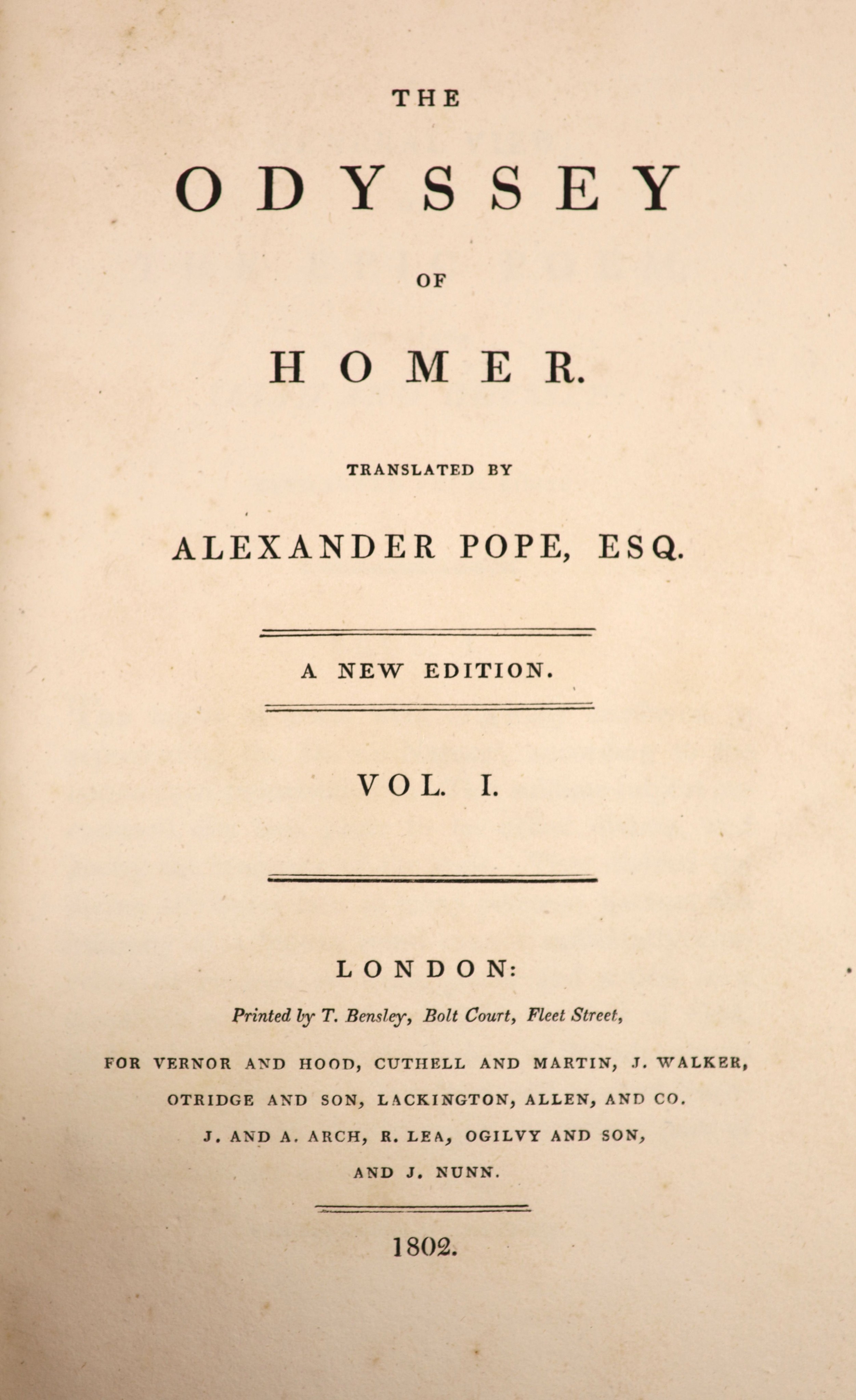Pope, Alexander - The Odyssey of Homer. Translated by Alexander Pope, Esq. new edition, 2 vols, 3 engraved plates: old blind-decorated and gilt-ruled calf, gilt-decorated spines with green labels, roy.8vo. 1802